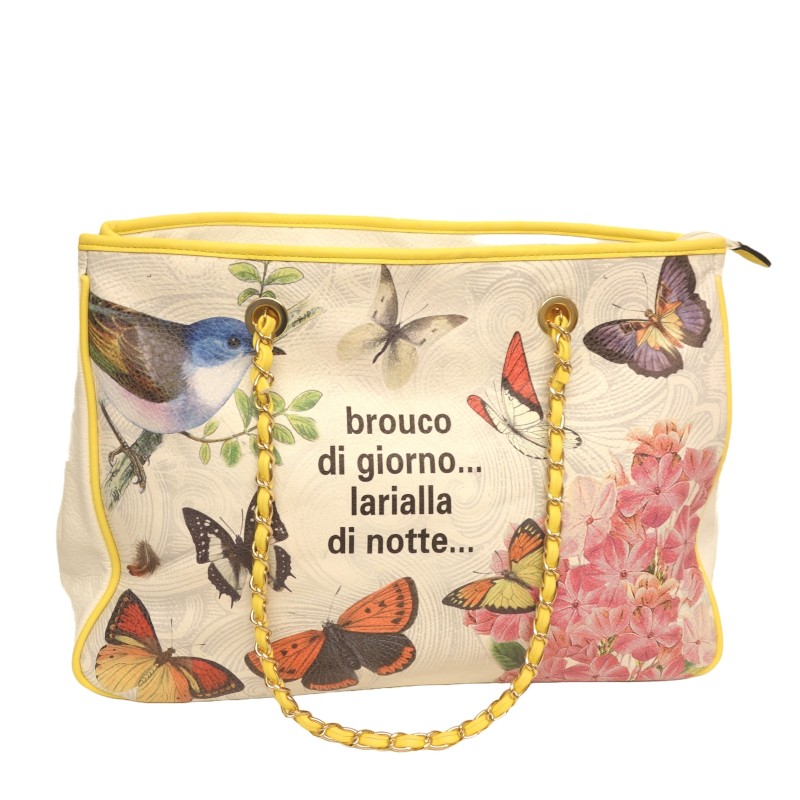 Große Tasche mit Blumen- und Schmetterlingsprint und Schriftzug cremeweiß