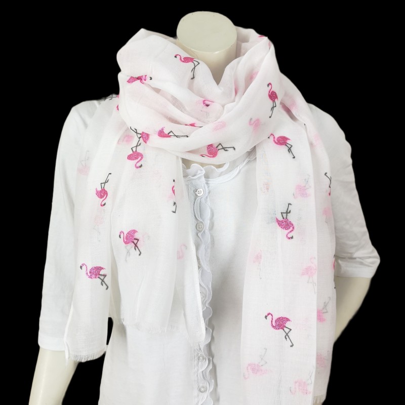 Sommertuch Weiß Schal XL Tuch Glitzer Flamingo Pink kleine Fransen Halstuch