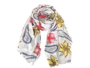 Sommertuch weiß mit Blumen und Paisleymuster gelb rot blau