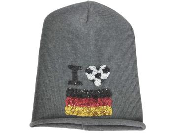 Strickmütze Beanie Fan Mütze grau mit Pailletten-Motiv schwarz rot gold