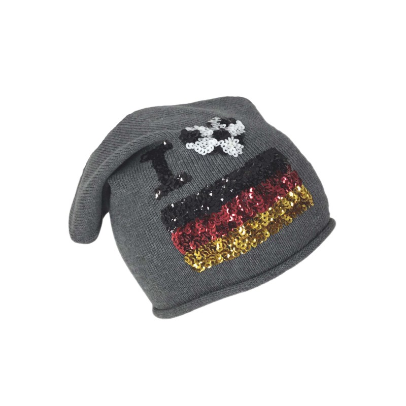 Strickmütze Beanie Fan Mütze grau mit Pailletten-Motiv schwarz rot gold