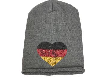 Strickmütze Beanie Fan Mütze grau mit Pailletten-Herz schwarz rot gold