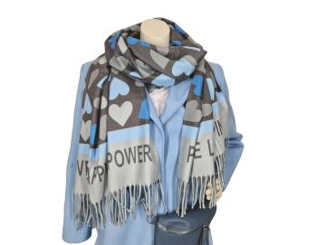 Zwillingsherz Schal Winterschal hellblau blau mit  Herz Motiv Schriftzug und Fransen
