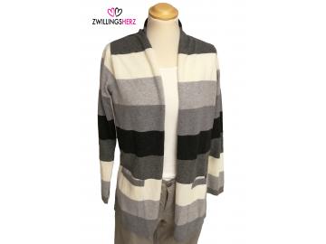 Zwillingsherz Strickjacke Cardigan Streifen grau hellgrau dunkelgrau wollweiß Streifen