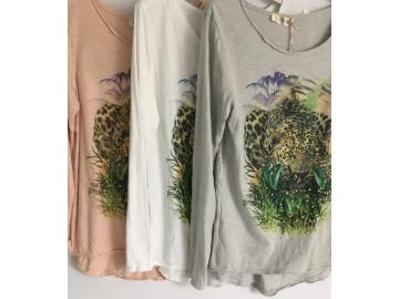 Shirt Langarm V.Milano Tigerkopf Nieten Perlen weiß hellgrau rosè Größe M 38 40