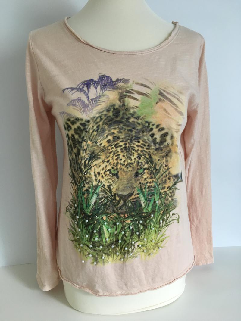 Shirt Langarm V.Milano Tigerkopf Nieten Perlen weiß hellgrau rosè Größe M 38 40