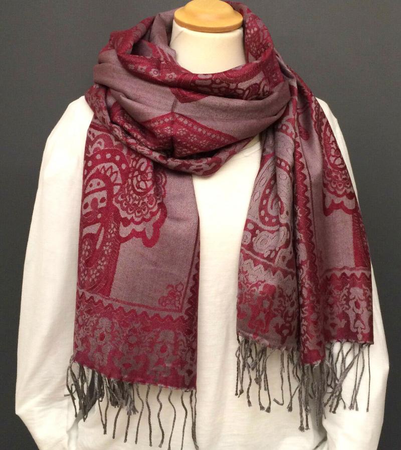 Schal Tuch Schultertuch gewebt Paisley Muster  in Blau Rot Schwarz Altrosa Viskose
