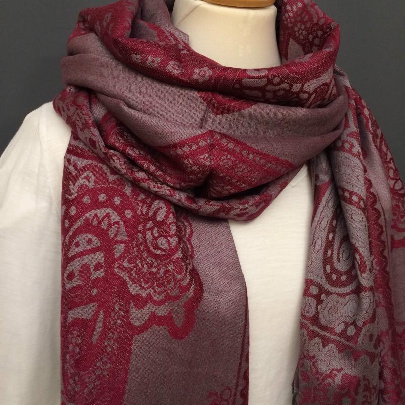 Schal Tuch Schultertuch gewebt Paisley Muster  in Blau Rot Schwarz Altrosa Viskose