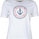 T-Shirt weiß mit Anker und Herz Motiv rot blau am Rundhals ringsherum kleine blaue Anker