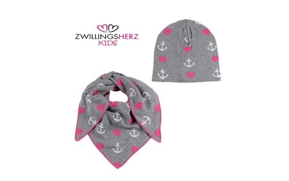 Zwillingsherz Kids Set Mütze und Dreieckstuch Bio Baumwolle grau pink weiß Anker Herzen